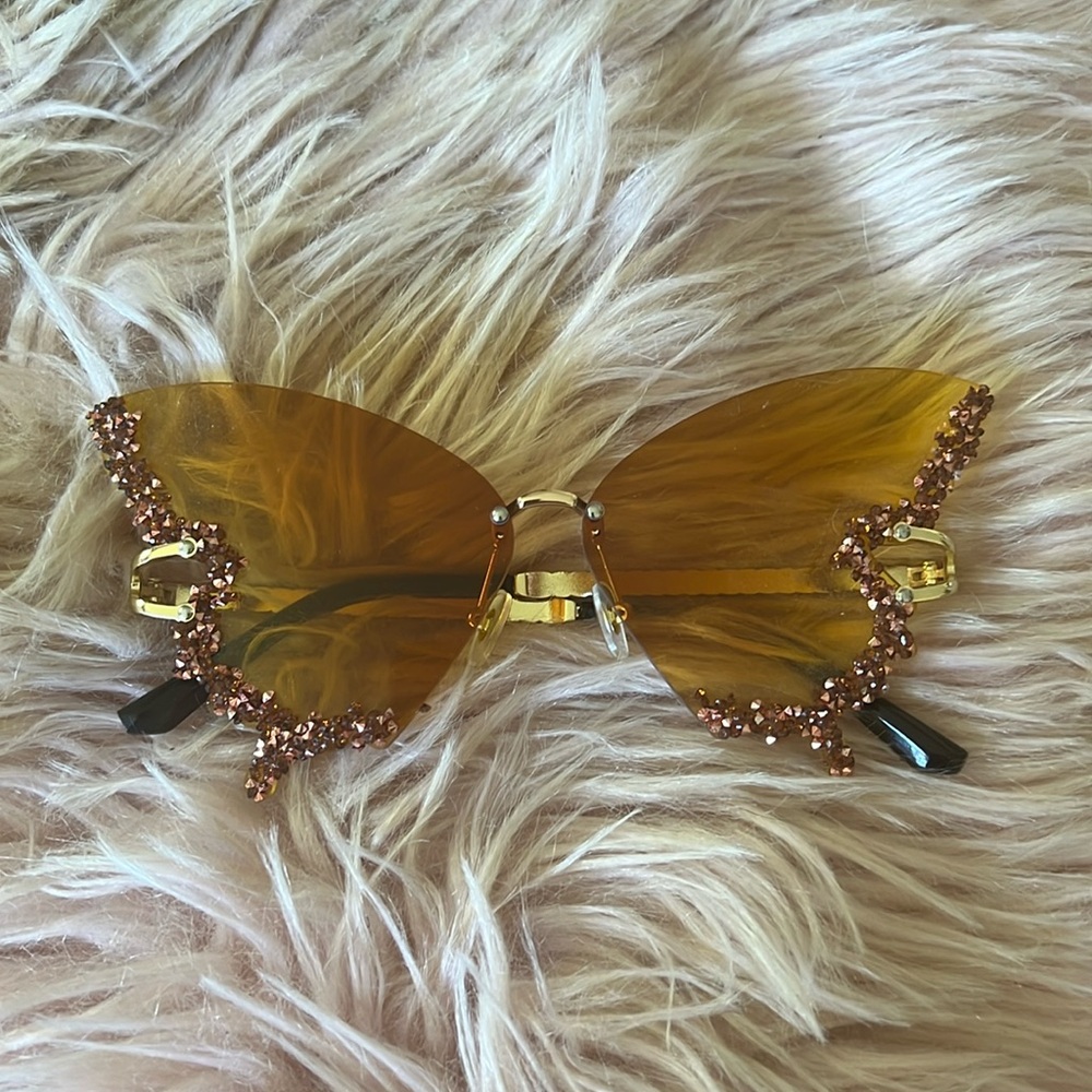 Rose gold butterfly rhinestone glitter encrusted sunglasses